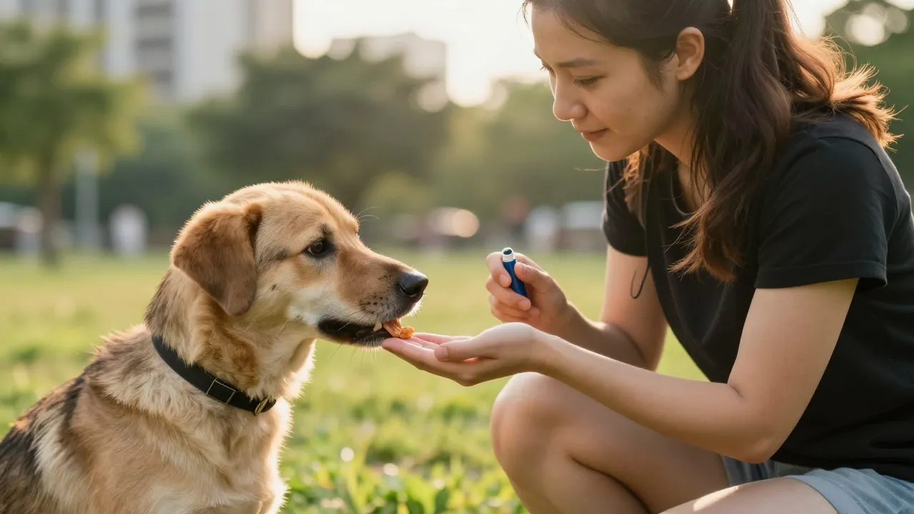 Séance individuelle d'éducation canine avec un éducateur comportementaliste à domicile et un chien équipé d'un harnais en Y