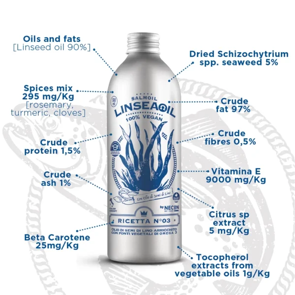 bouteille de salmoil vegetalien, de couleur bleue, avec description des différents ingrédients